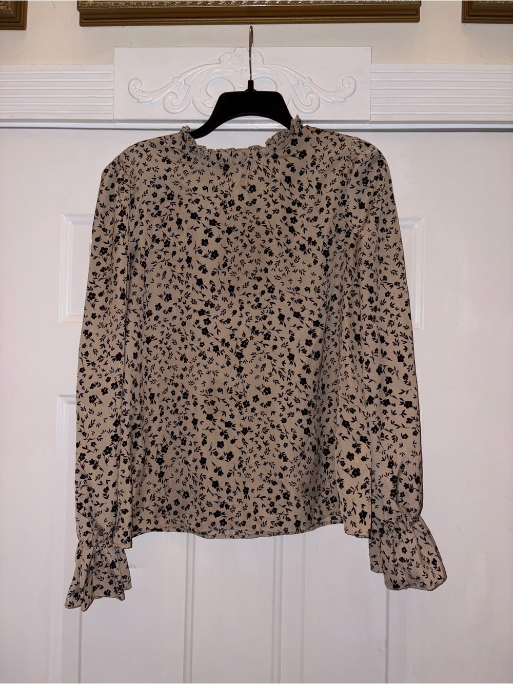 Beige Floral Ruffle Neck Women's Top
